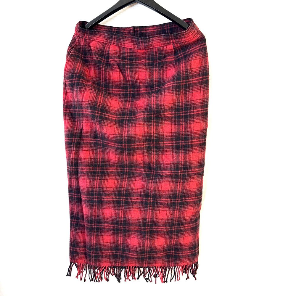 Woolrich Wool Red Plaid Fringe Maxi Skirt - 16 - Vintage rustic cozy pockets